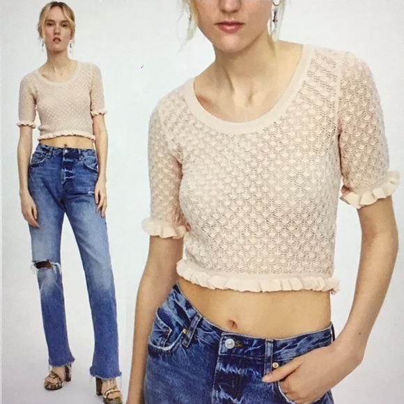 ZARA Textured Crop Ruffle Short Sleeve Sweater Top in Blush Pink sz S - EUC - Picture 1 of 11